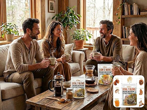 Friends enjoy Ellie's Best Vital 7 Mushroom Extract in their own home made mushroom coffee