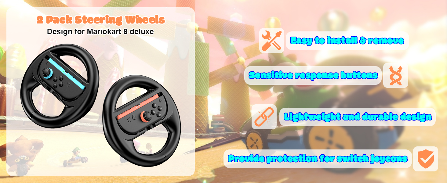 Two black steering wheel controllers for Mario Kart 8 Deluxe. Features include ergonomic design, easy installation, and compatibility with Switch joycons. Product highlights are shown on an orange background.