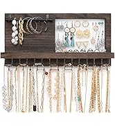 Mkono Rustic Wall Mounted Jewelry Organizer with Bracelet Rod and 30 Hooks Wood Hanging Jewellery...