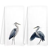 JOQUXI Heron Print Kitchen Dish Towels, White Waffle Weave Blue Heron Bird Tea Towels, Coastal Bi...