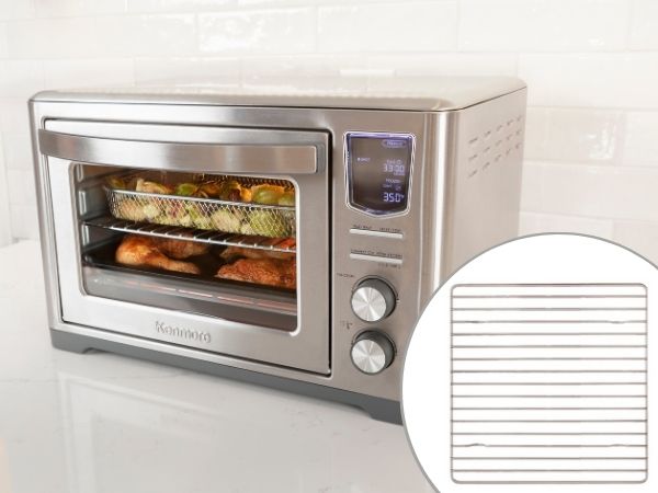 Kenmore digital toaster oven air fryer on a kitchen counter with inset closeup of wire rack