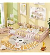 Giantex Twin Floor Bed with Door & Fence, Kids Wood Montessori Beds with Safety Guardrails, Floor...