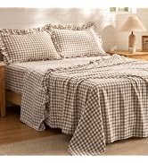 Bedsure Gingham Sheets Queen Size, 4 Piece Brown Ruffle Farmhouse Bedsheet | Imitation Cotton Tex...