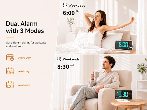 Dual Alarmwith 3 Modes, Set different alarms for workdaysand weekends.