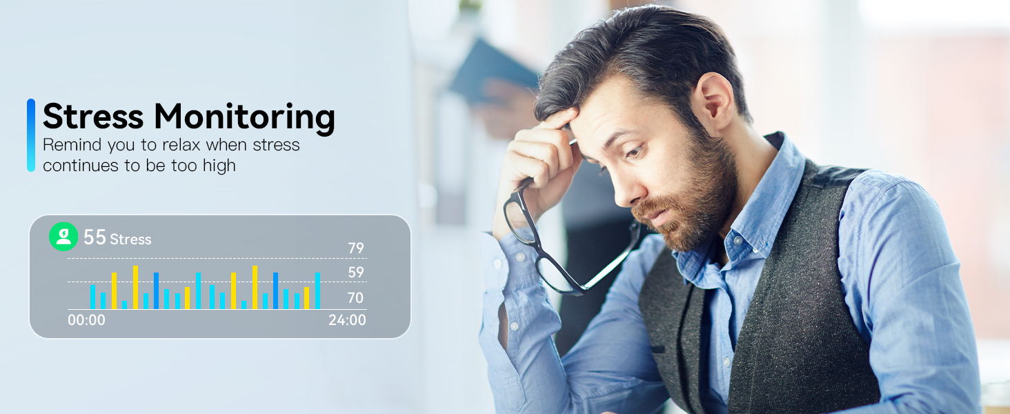 Text reads 'Stress Monitoring'. Similar office setting with person at desk, showing stress monitoring interface with colored data visualization.