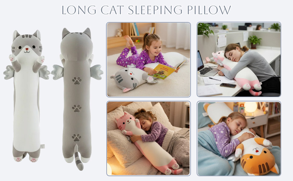 Text reads 'LONG CAT SLEEPING PILLOW'. Product collage showing gray cat-shaped plush pillow in various poses and usage scenarios.