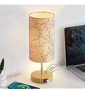Bedside Touch Lamp, Wood Small Table lamp for Bedroom with 2 USB Charging Ports & Flower Fabric S...