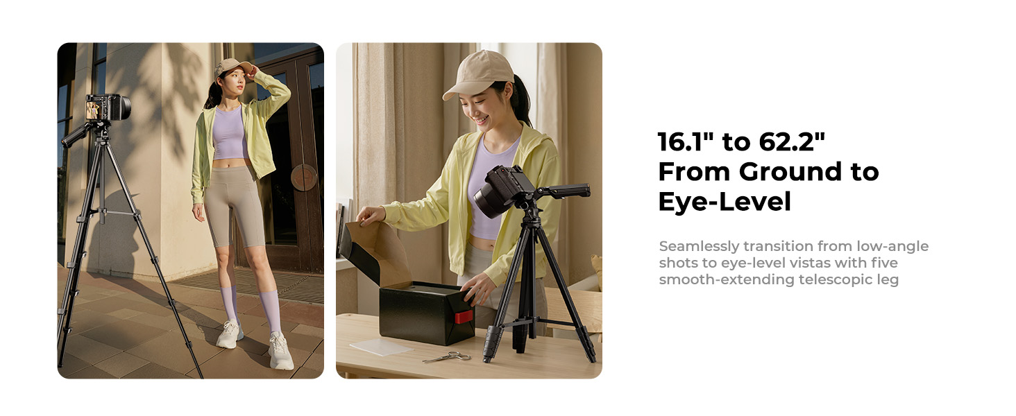 16.1" to 62.2" to eye-level. Five telescopic legs. Seamless low-angle for landscapes & portraits