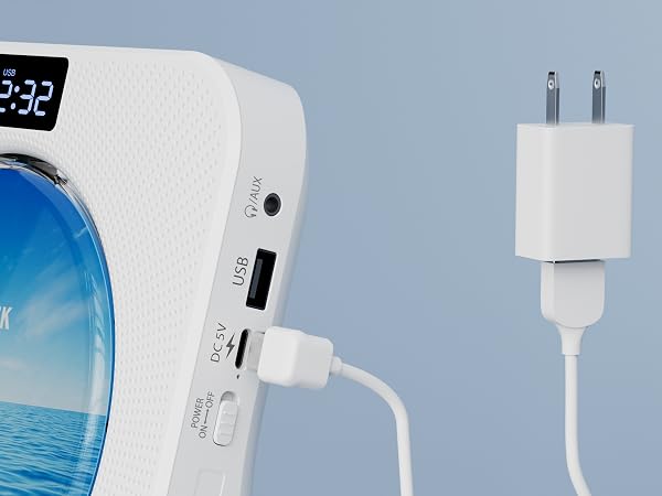 MEGATEK CP28BR Portable CD Player is Powered and Operated with a USB-C Power Adapter