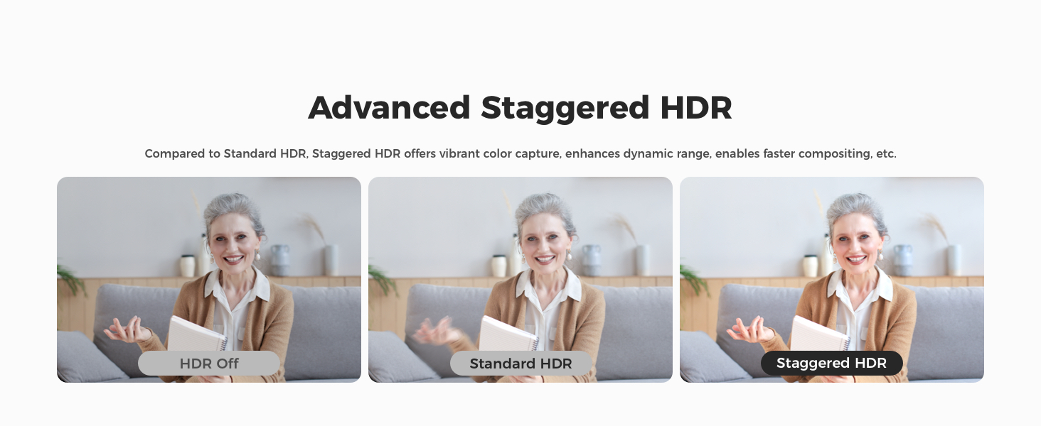 Three-panel comparison of HDR photography techniques, showing a person using a laptop with progressively enhanced image quality across panels.