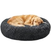 JOLLYVOGUE Fluffy Calming Dog Bed, 36 Inch Large Donut Pet Bed,Grey | Calming Donut Shape, Remova...