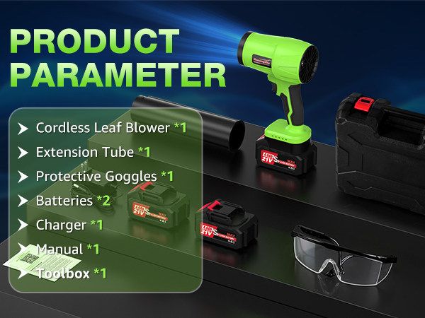 Cordless Leaf Blower, Extension Tube, Protective goggles, Batteries*2, Charger, Toolbox