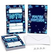 Tsunerrorami 10th Birthday Invitations for Boys, Blue Neon Glow Graffiti Invite Cards with Envelo...