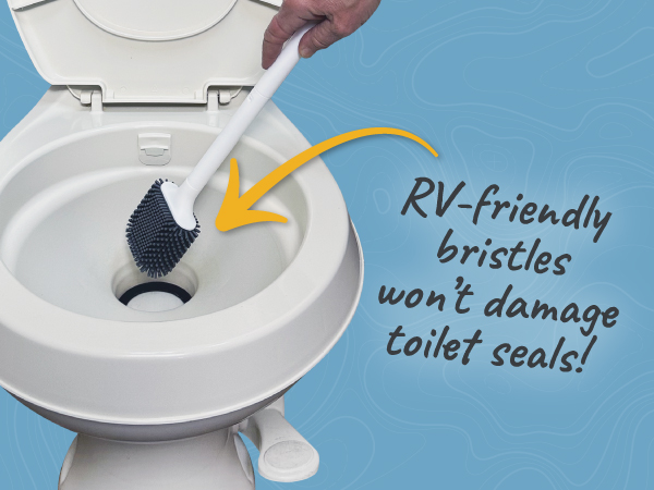 cleaning an RV toilet with silicone toilet brush, RV-friendly bristles won't damage toilet seals