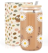 GSPY Daisy Aesthetic Gifts, Iced Coffee Cup, Cute Glass Cups with Lids and Straws - Cute Mugs, Fl...