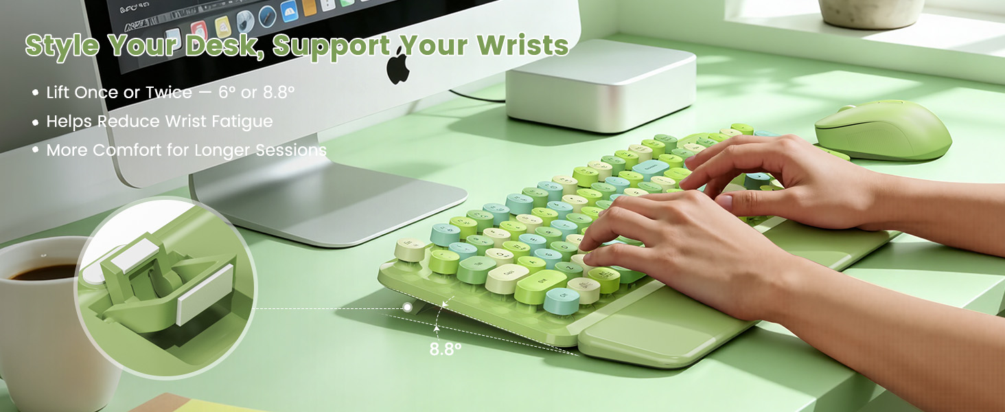 Green Multi-Color retro keyboard and mouse with adjustable tilt legs for comfortable typing.