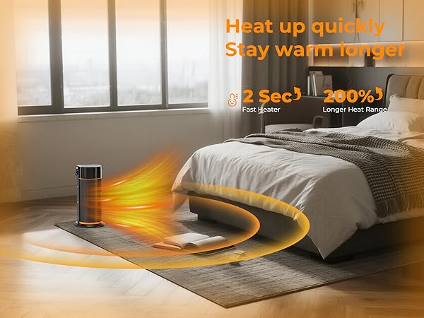 Text reads 'Heat up quickly, Stay warm longer' with '2 Sec!' and '200%' indicators. Bedroom interior showing heating device with orange thermal visualization effects.