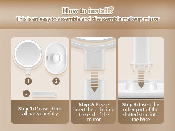 Text reads 'How to install?' Instructions showing step-by-step assembly guide for makeup mirror with illustrated diagrams and numbered steps.