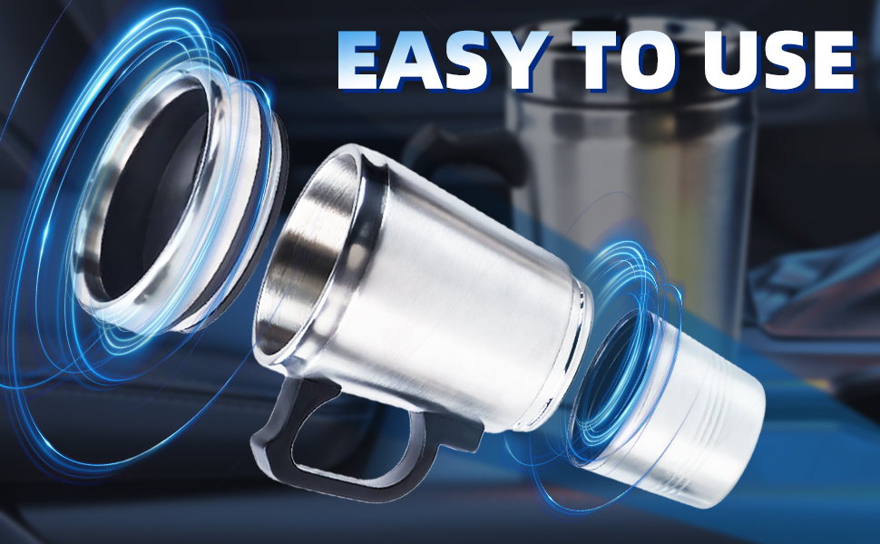 Silver metal travel mug with a blue glowing ring around the lid, indicating ease of use. Text 'EASY TO USE' displayed above.