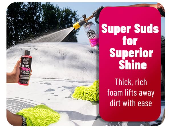 Thick foam car wash soap for cars, trucks, and SUVs; pH balanced formula for a swirl-free shine