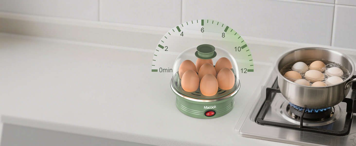 Egg cooker with green base and clear dome lid, containing brown eggs. Next to it, a pot on a gas stove burner holds eggs in water.