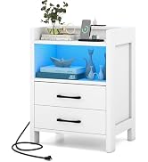 Giantex LED Nightstand with Charging Station - Bedside Table w/LED Lights, 2 Storage Drawers & Op...