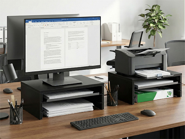 monitor stand elevates the monitor, relieving neck fatigue.