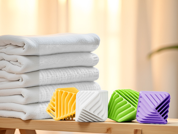 Stack of folded white towels on wooden surface with three colorful rolled towels in yellow, green, and purple displayed in front, showcasing textile product variety and storage.