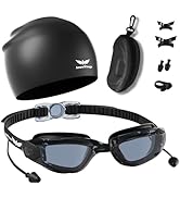 AzureWings 7 in 1 Swim Goggles + Swim Cap for Men Women,No Leak Anti-Fog & UV, Wide Visio HD Mirr...