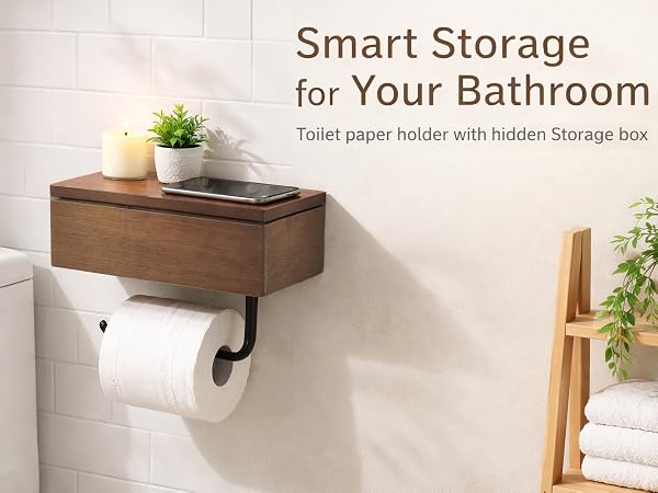 Toilet Paper Holder with Black Walnut Wood Shelf, Wall Mounted Adhesive, Bathroom Storage Organizer