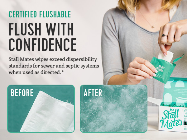 Stall Mates, flushable wet wipes. Designed to flush with confidence