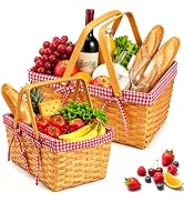 Yesland Picnic Basket, 2 Sizes Natural Woven Woodchip Basket with Double Folding Handles, Removab...