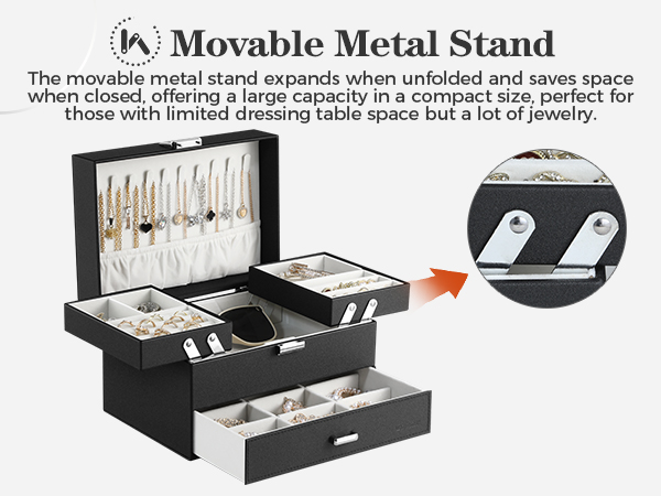 Automatic lifting jewelry box with metal stand, linkage mechanism for easy necklace access