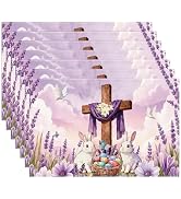 Inisajace Easter Placemats Set of 6, Pink Religious Cross Bunny Table Place Mats Decor, Rabbits S...