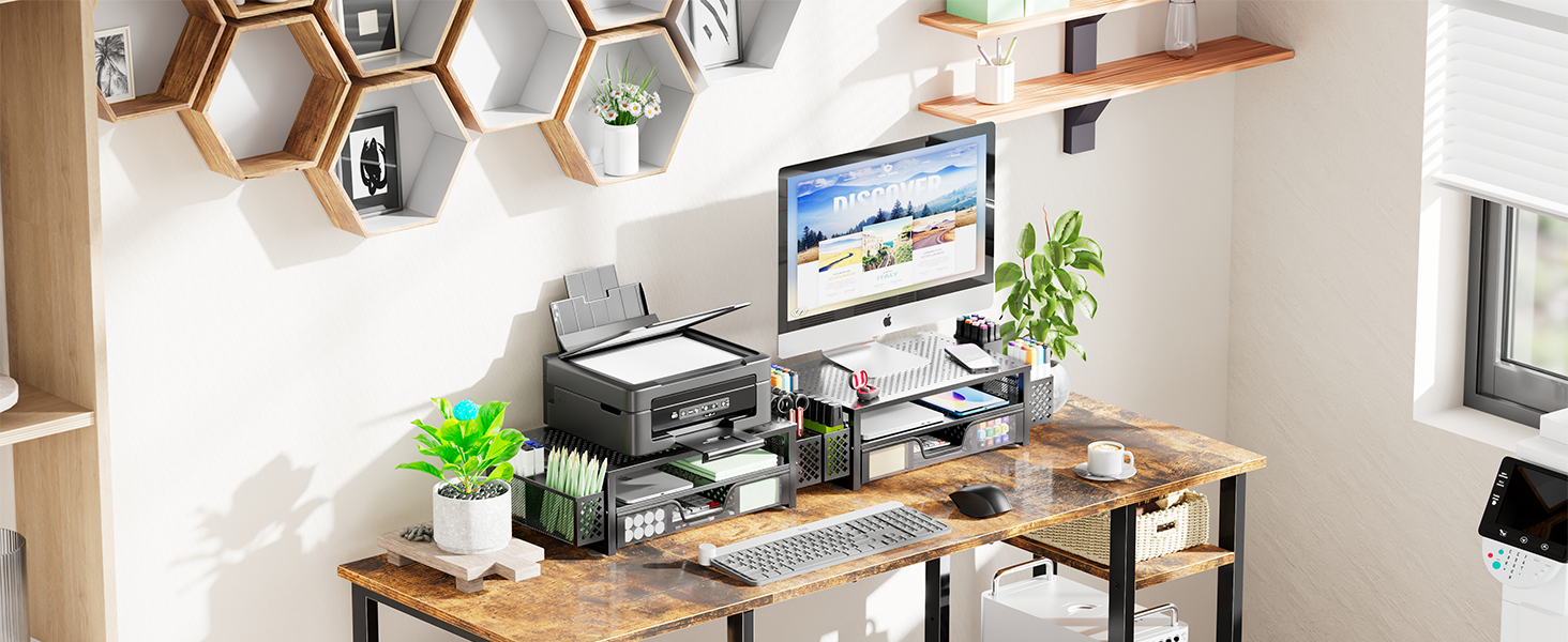 Simple Trending 2 Tier Computer Metal Monitor Stand Riser with Drawer and Pen Holder for Laptop
