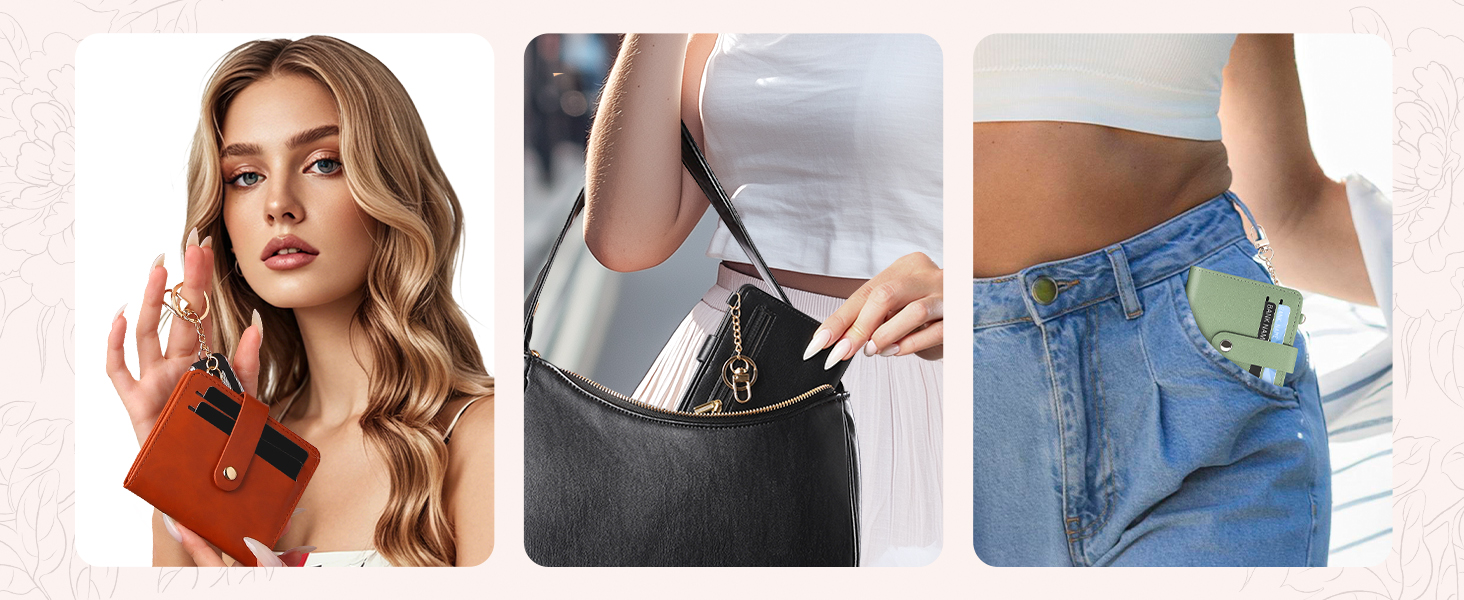 Model displays a compact wallet in three settings: held, in a small purse, and on pocket