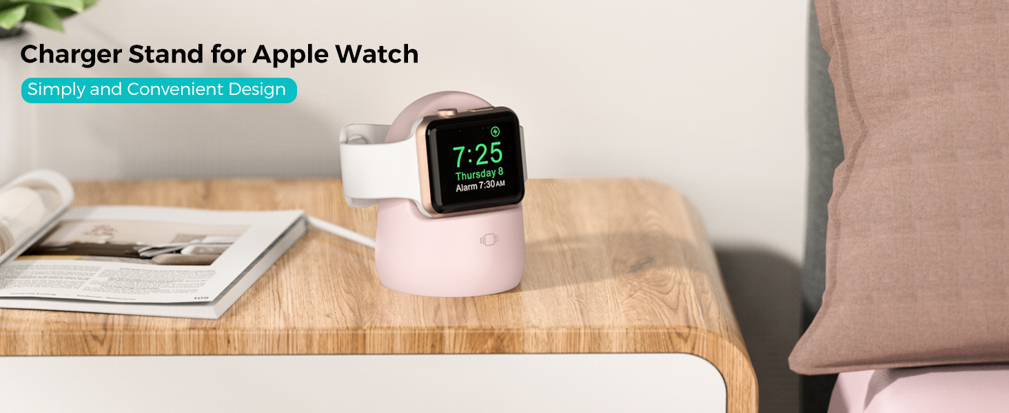 Pink Apple Watch charger stand on wooden surface. Watch displays time. Labeled as 'Charger Stand for Apple Watch' with 'Simple and Convenient Design'.