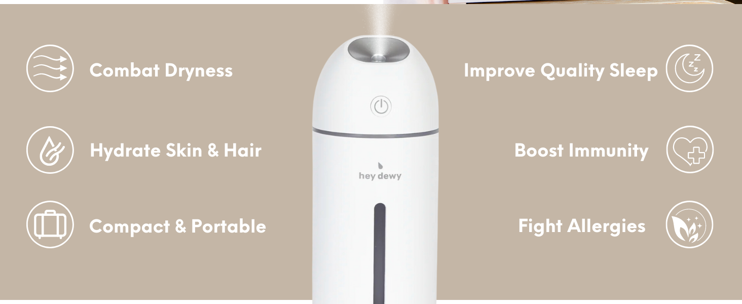 hey dewy wireless device with icons of features to the right and left of the device