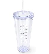 Zukro 32 oz Clear Acrylic Cup with Lid and Straw, Double Walled, Measurement Marking, Clear
