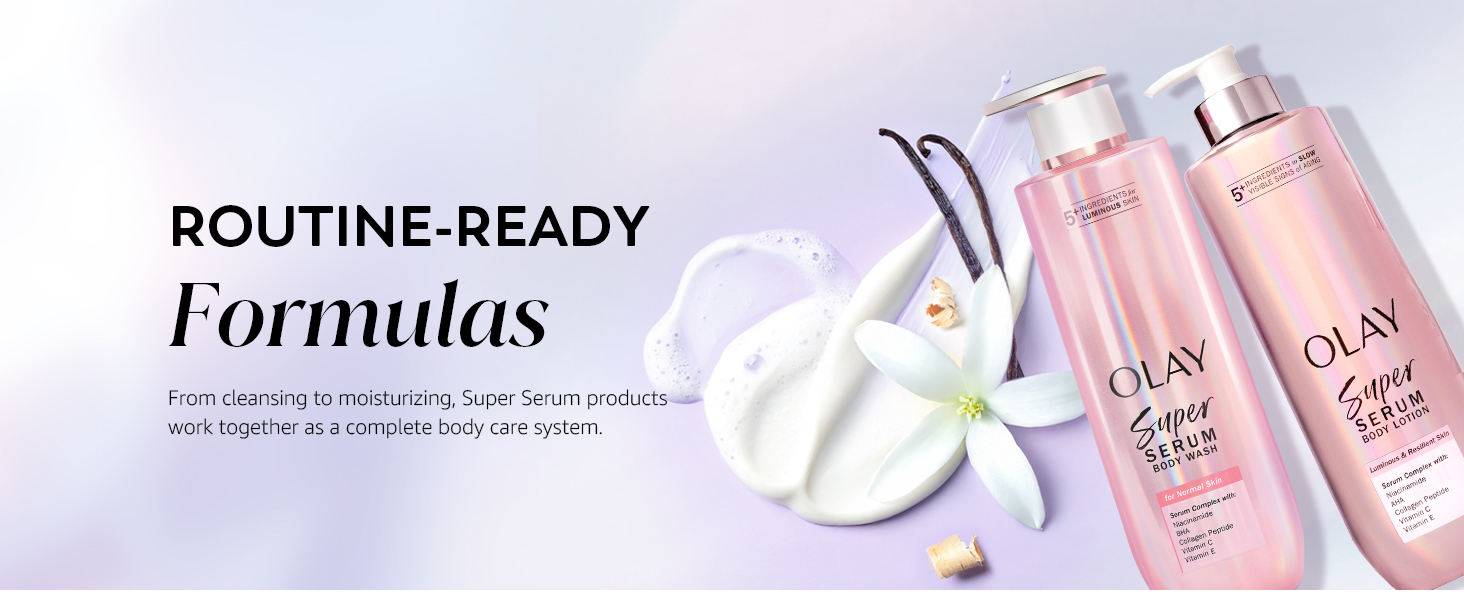 Olay Super Serum bottles on a purple background with flower and cream