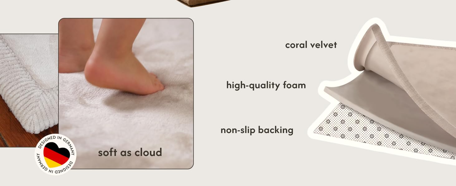 soft as cloud playmat, scheme of the 3 layers: coral velvet, high-density foam, non-slip backing