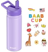baab 18 oz Kid Water Bottle, Insulated Water Bottle with Straw & Stickers, 18/8 Stainless Steel V...
