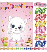 PLULON Cat Party Game for Kids Pin The Hat Bow Tie on The Cat Birthday Game Poster with 24 Hats 2...