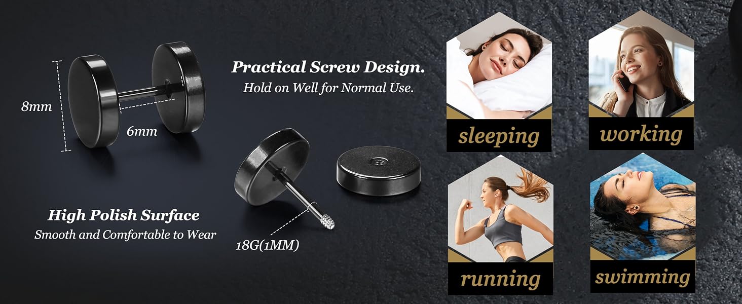 Black Stud Earrings for Men Women Faux Gauges Ear Tunnel Fake Gauge Earrings
