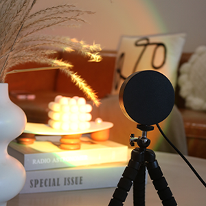 Small black microphone on a tripod stand, with illuminated decorative lights in the background.