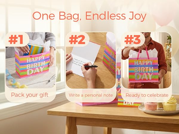 SUNCOLOR Large Happy Birthday Gift Bag with Tissue Paper & Card, 13 x 10.2 x 4.7 Inches