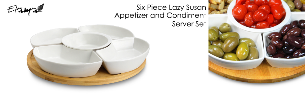 kitchen countertop stoneware bamboo 6 piece appetizer condiment server tray round party serveware