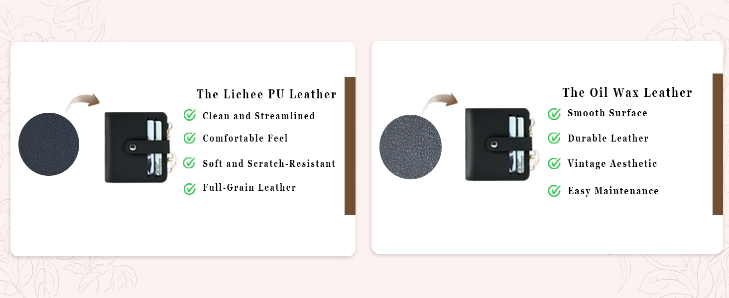 Lichee PU and Oil Wax leathers, highlighting features like softness, durability, and vintage style