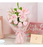 ZHIYUXI Pink Crochet Flower Bouquet Handmade Yarn Roses and Tulips Eternal Flowers for Wedding An...