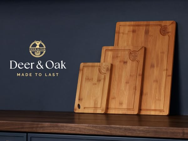3pc cutting board carbonized set displayed vertically on kitchen countertop